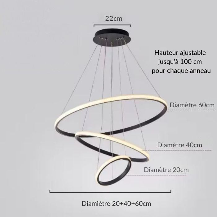 Schéma de la suspension anneau LED noire avec dimensions détaillées et hauteur ajustable pour chaque anneau.