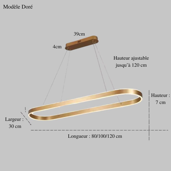 Vue technique d'une suspension design dorée à structure ovale allongée, aux lignes épurées et à hauteur réglable.