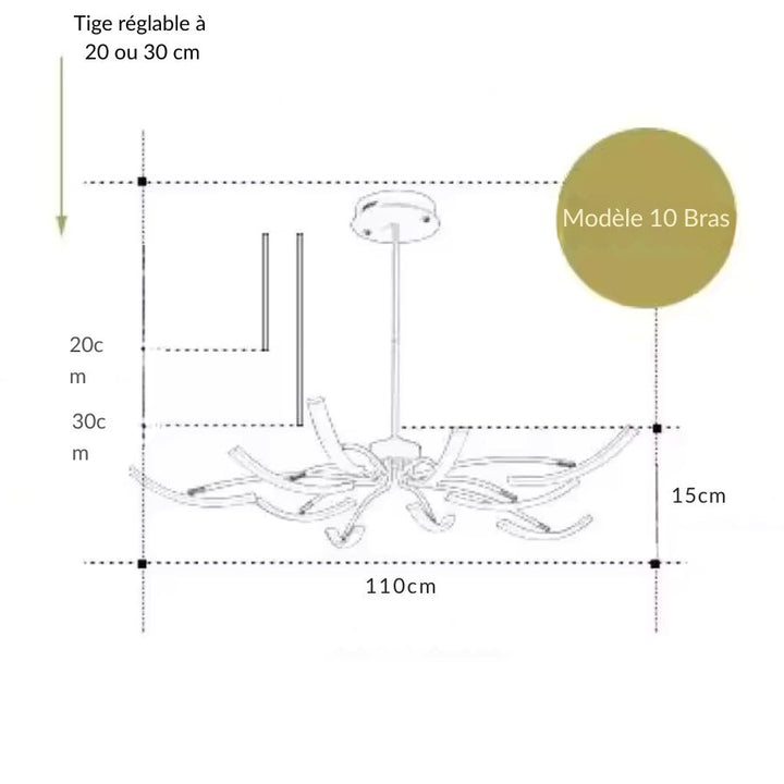 Modèle 10 bras de cette suspension araignée de 110 cm, avec LED courbées et allure sculpturale contemporaine.