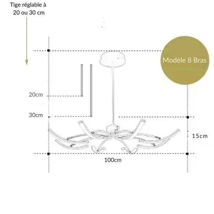 Suspension araignée 8 bras de 100 cm, avec structure LED courbée et silhouette aérienne au style contemporain.