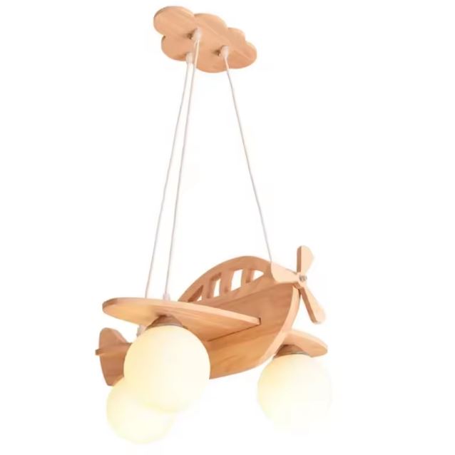 Suspension avion en bois avec fixation en forme de nuage, idéale pour une ambiance aérienne et douce dans une chambre d'enfant.