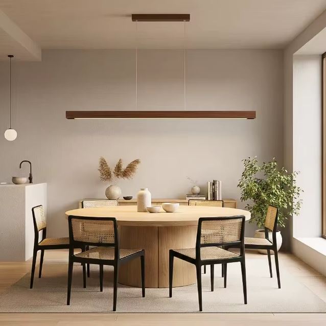 Suspension barre en bois foncé avec LED intégrée, luminaire japandi élégant sublimant une salle à manger contemporaine.