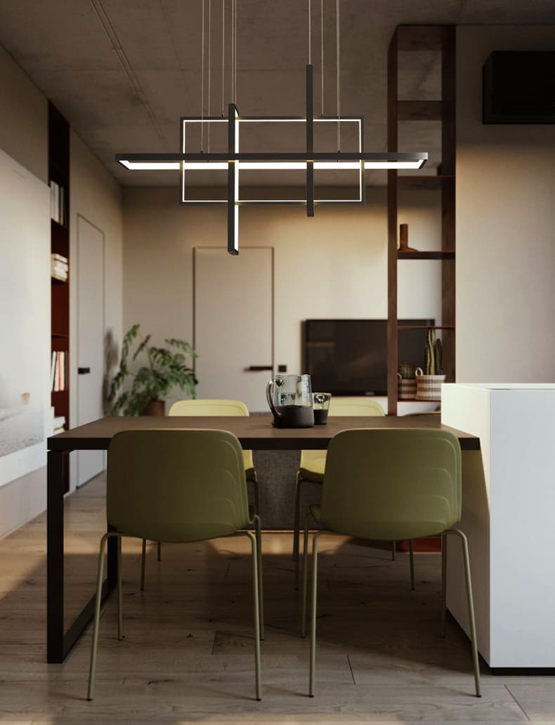Suspension barre à cadres entrecroisés illuminant avec élégance un espace repas au design contemporain.