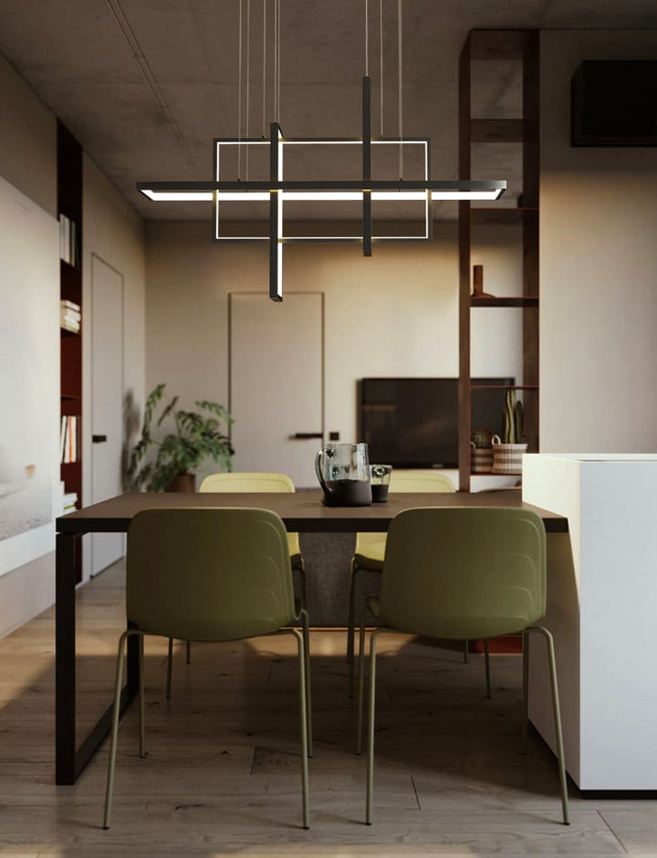 Suspension barre à cadres entrecroisés illuminant avec élégance un espace repas au design contemporain.