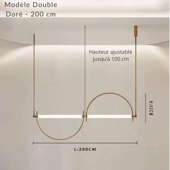 Dimensions suspension barre double dorée 200 cm, dans un esprit design graphique et raffiné.