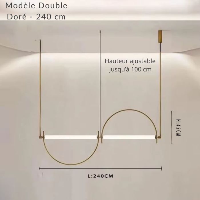 Schéma suspension barre double dorée 240 cm, au style contemporain et élégant.