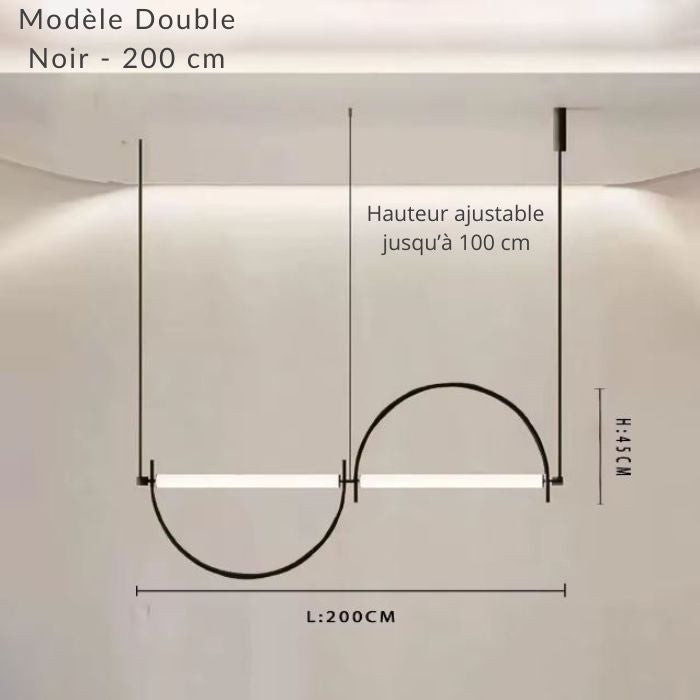 Dimensions suspension barre double noire 200 cm, au dessin graphique et architectural.