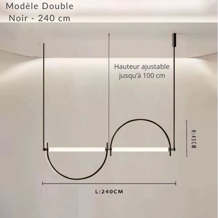 Schéma suspension barre double noire 240 cm, idéale pour un intérieur contemporain structuré.