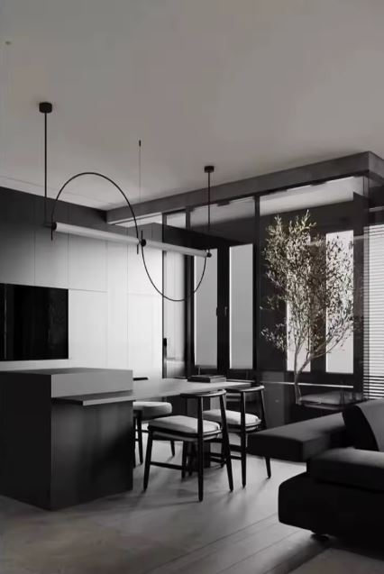 Suspension barre ovale noire au style graphique et minimaliste, idéale pour un intérieur contemporain.