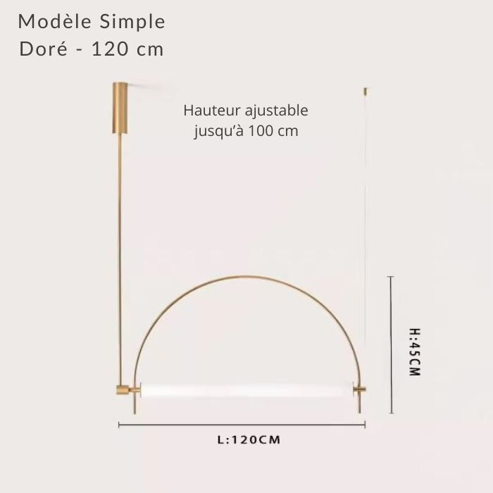 Schéma suspension barre simple dorée 120 cm, avec silhouette élégante et contemporaine.