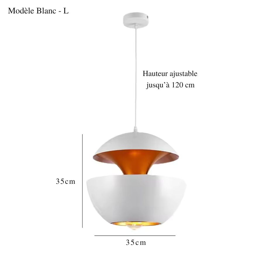 Grande suspension blanche de 35 cm au design sphérique rétro, dotée d’une double coque métallique
