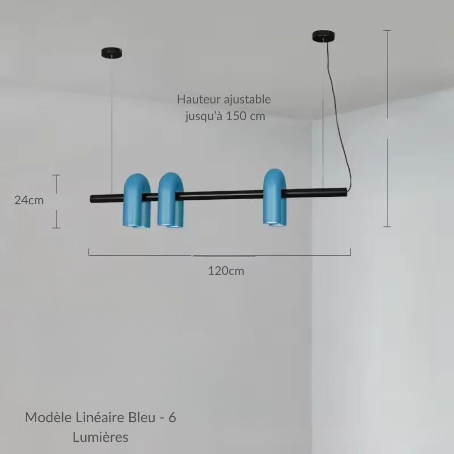 Suspension bleue à six tubes lumineux en U sur structure linéaire noire, style design contemporain