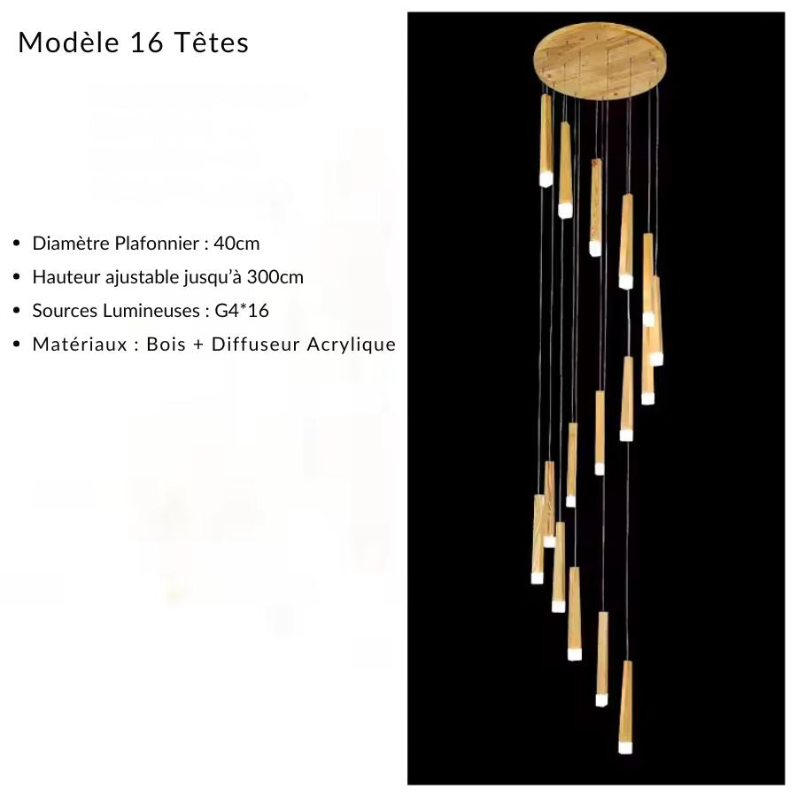 Suspension d’escalier en bois à 16 tiges lumineuses, au design architectural et vertical