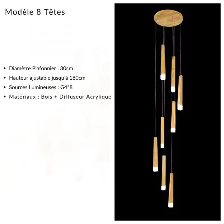 Modèle à 8 tiges lumineuses en bois disposées en cascade, dans un esprit scandinave contemporain
