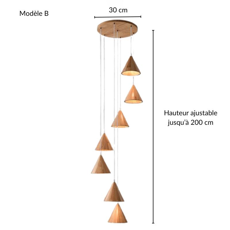 Schéma technique de la suspension en bois à cônes, hauteur ajustable jusqu'à 200 cm pour grands plafonds.