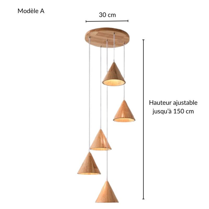 Illustration technique de la suspension en bois à cônes, modèle compact ajustable jusqu'à 150 cm.