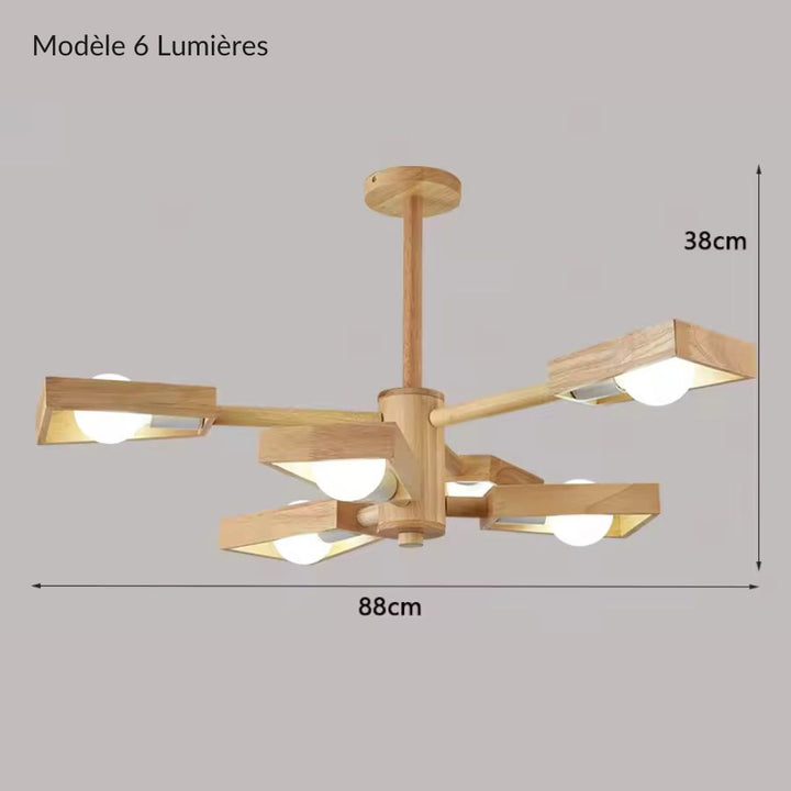 Suspension en bois à 6 globes lumineux au design géométrique et scandinave, format de 88 cm de largeur