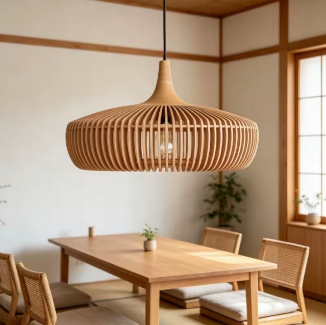 Suspension en bois ajourée au style japandi, scandinave et organique, idéale au-dessus d'une table à manger