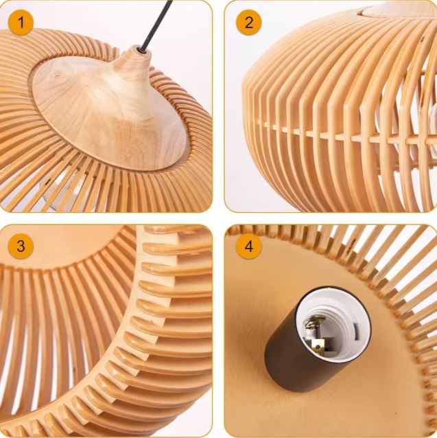 Détails de fabrication d'une suspension en bois ajourée au style japandi, scandinave et d'inspiration artisanale