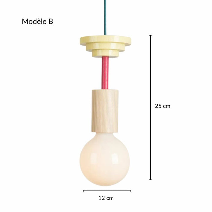 Suspension en bois jaune et rose présentée avec ses côtes techniques sur fond neutre.