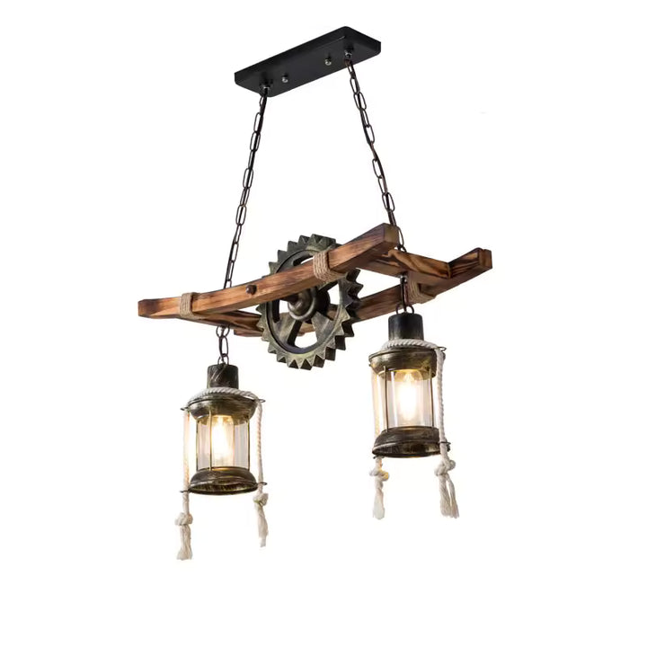 Suspension en bois avec roue dentée, chaînes noires et deux lanternes en verre au style industriel vintage