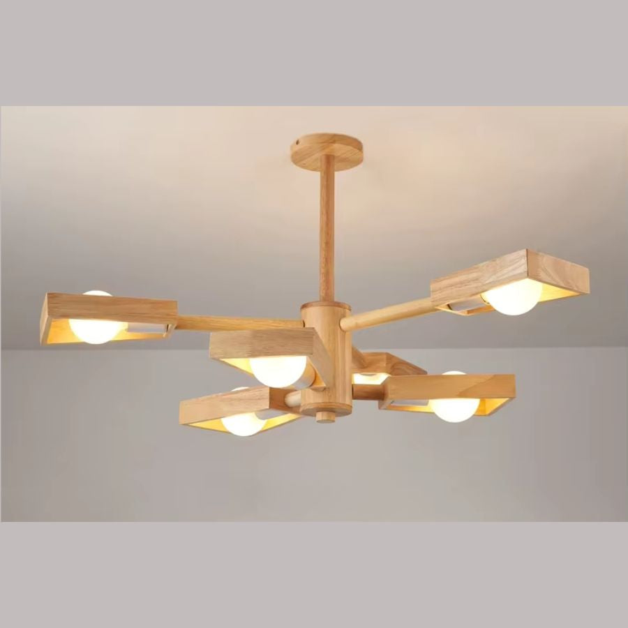 Suspension en bois moderne à six globes lumineux encadrés, avec structure géométrique aux lignes épurées