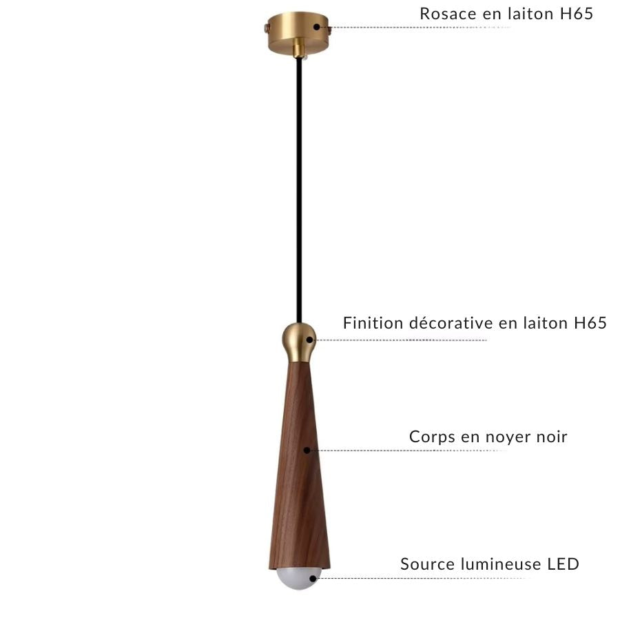 Détail des matériaux : corps en noyer noir, finitions en laiton H65 et source LED intégrée