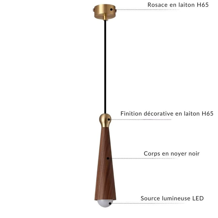 Détail des matériaux : corps en noyer noir, finitions en laiton H65 et source LED intégrée