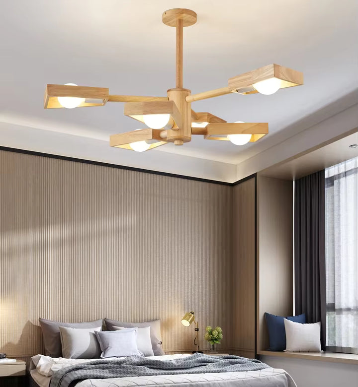 Suspension géométrique en bois au style scandinave, avec globes lumineux diffusant une lumière douce dans la chambre