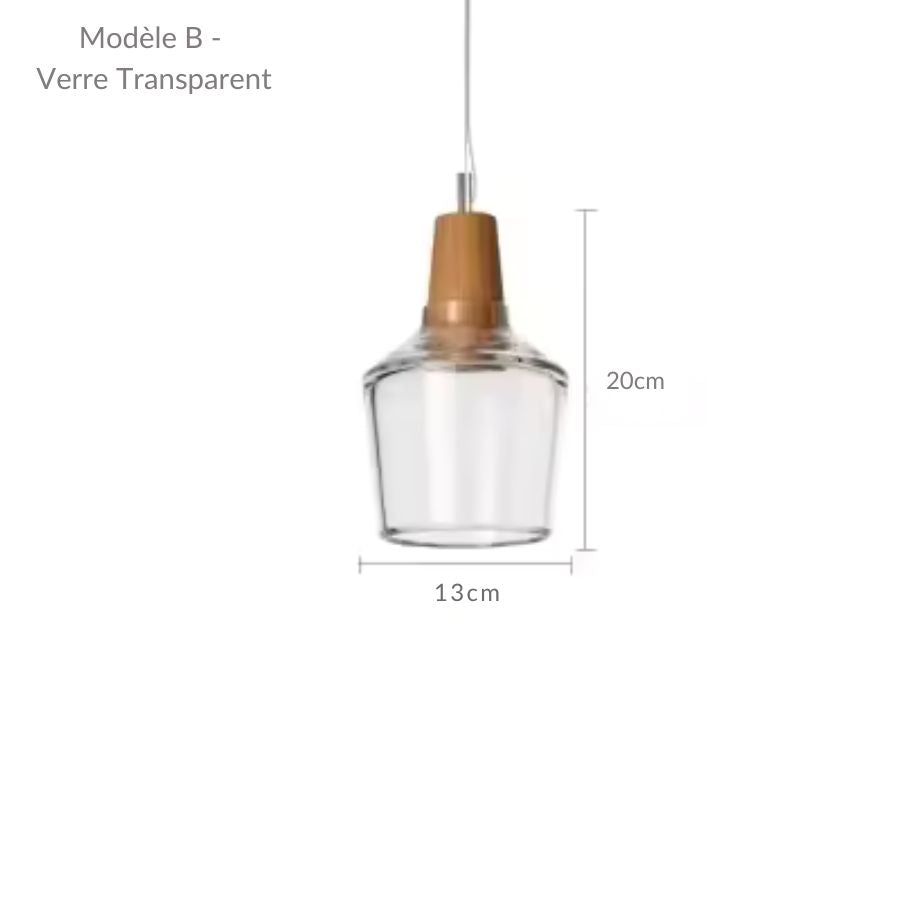 Modèle compact en verre transparent et bois, avec silhouette sculpturale haute et lignes contemporaines