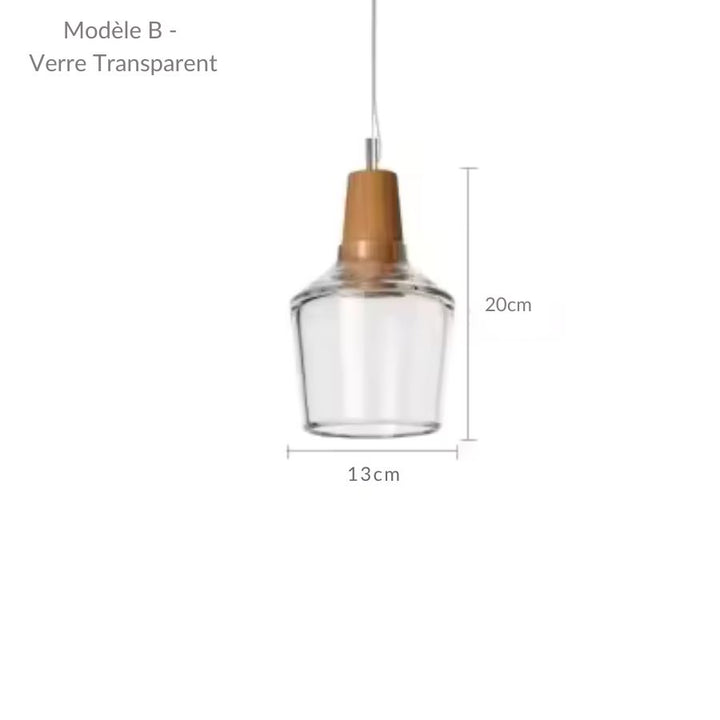 Modèle compact en verre transparent et bois, avec silhouette sculpturale haute et lignes contemporaines