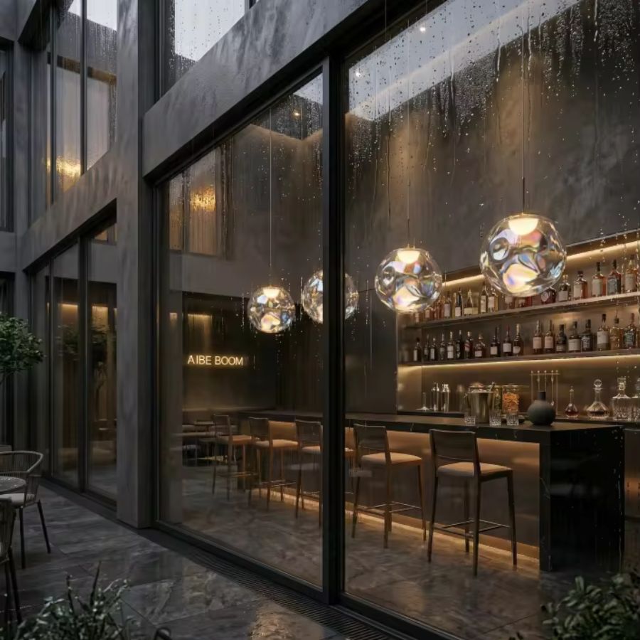 Suspension à boules en verre irisé dans un bar haut de gamme, ambiance luxueuse aux reflets lumineux et changeants