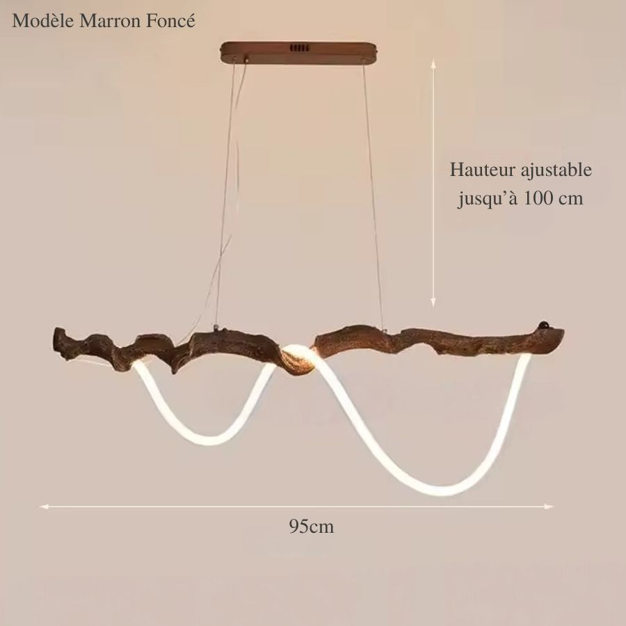 Schéma d'une suspension organique en métal effet branche marron foncé, avec néon LED sinueux de 95 cm de long.