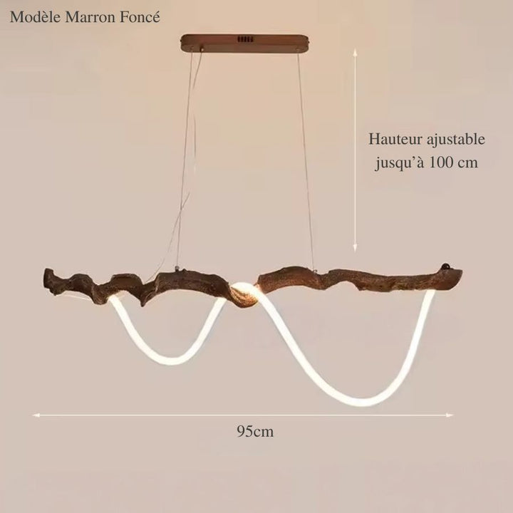 Schéma d'une suspension organique en métal effet branche marron foncé, avec néon LED sinueux de 95 cm de long.