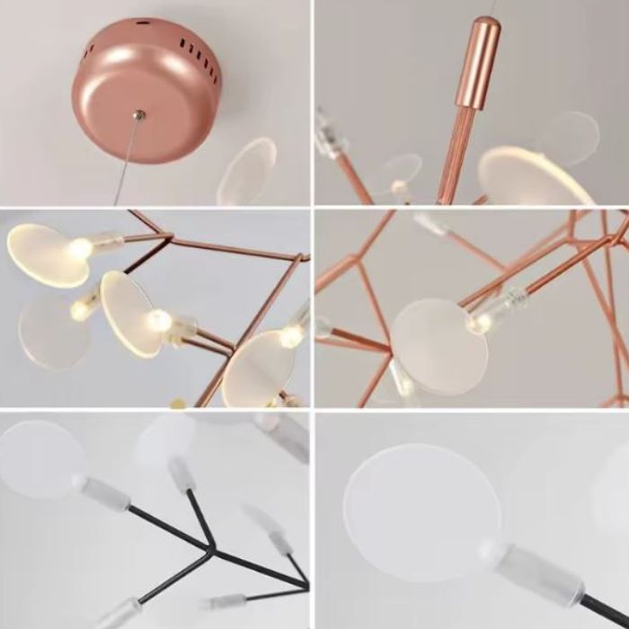 Détails de la suspension branche en finitions cuivré rose ou noir, avec diffuseurs organiques lumineux pour un style contemporain élégant et aérien.