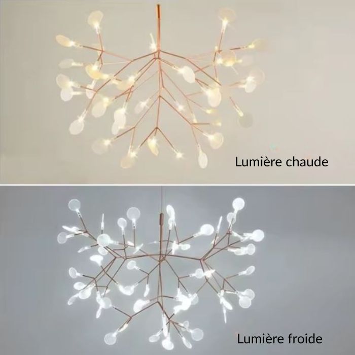 Comparatif de suspension branche en lumière chaude et froide, mettant en valeur son design organique et son rendu lumineux moderne dans un intérieur.