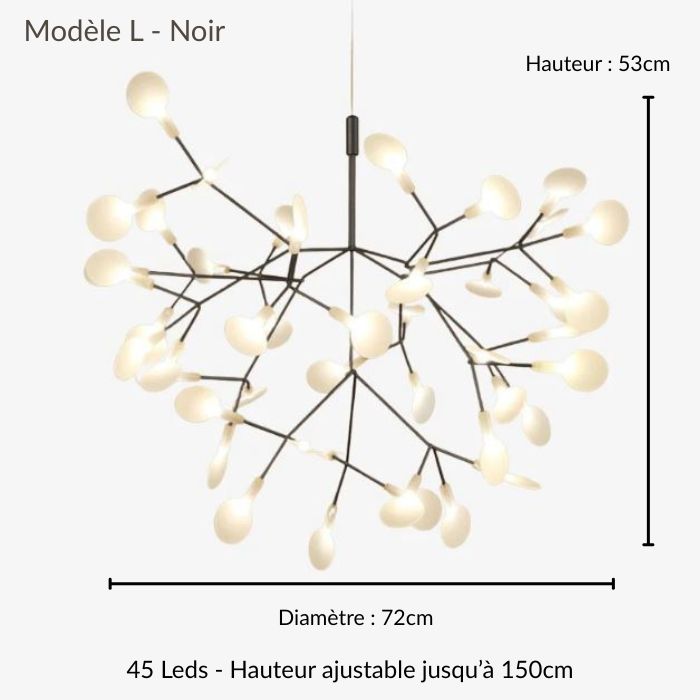 Suspension branche noire grand format, design épuré et moderne offrant une lumière douce et un volume décoratif marqué.