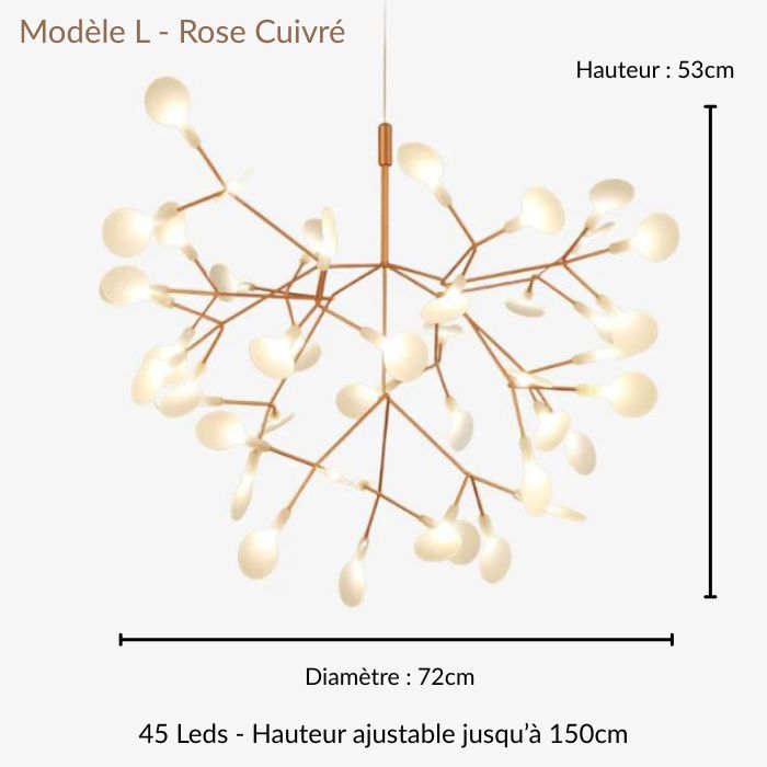 Grande suspension branche rose cuivré au style organique raffiné, idéale pour une ambiance lumineuse élégante et sculpturale.