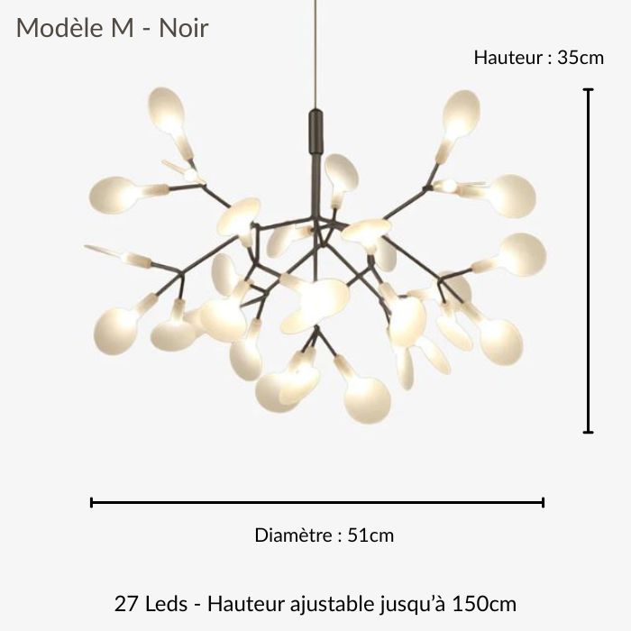 Suspension branche noire au style contemporain, diffusion lumineuse douce et silhouette graphique très aérienne.