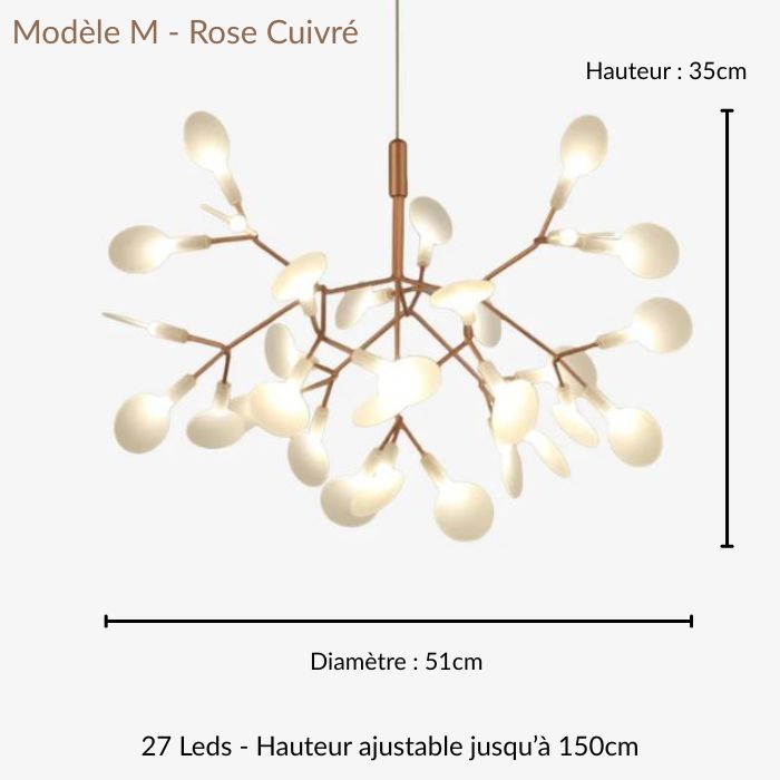Suspension branche rose cuivré au design organique, éclairage chaleureux et structure moderne aérienne.