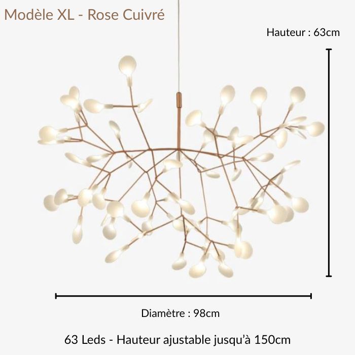 Suspension branche XL rose cuivré au design organique spectaculaire, parfaite pour sublimer un grand espace contemporain.