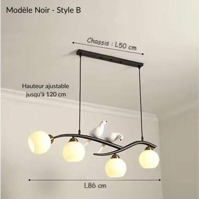 Suspension branche noire avec oiseaux et sphères opalines au style minimaliste inspiré de la nature