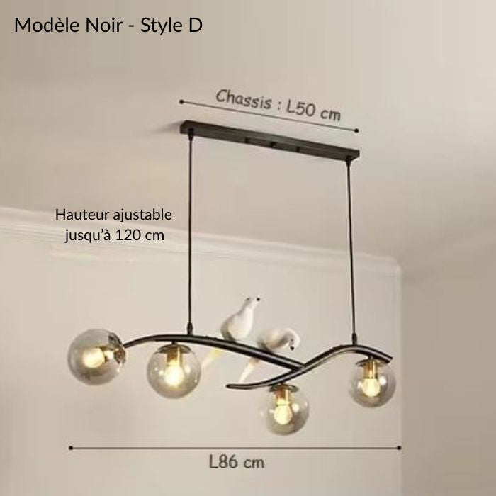 Suspension branche noire avec oiseaux et globes en verre gris pour un intérieur moderne et graphique