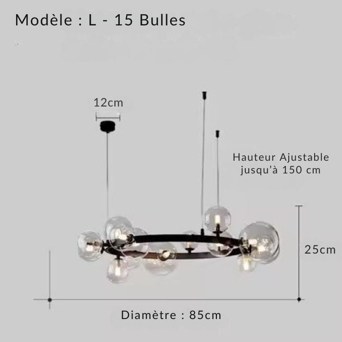 Suspension bulle design avec 15 lumières en verre transparent et hauteur ajustable, idéale pour un intérieur moderne et élégant.