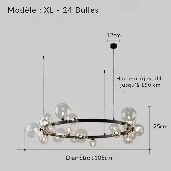 Suspension bulle XL avec 24 lumières en verre transparent et hauteur ajustable, idéale pour un espace moderne et spacieux.