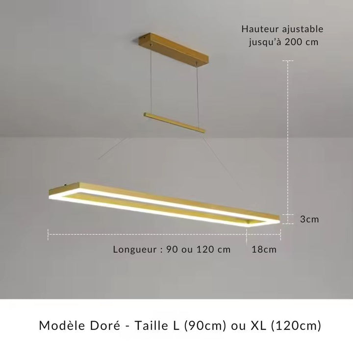 Suspension cadre rectangulaire LED dorée disponible en 90 ou 120 cm avec hauteur ajustable jusqu’à 200 cm