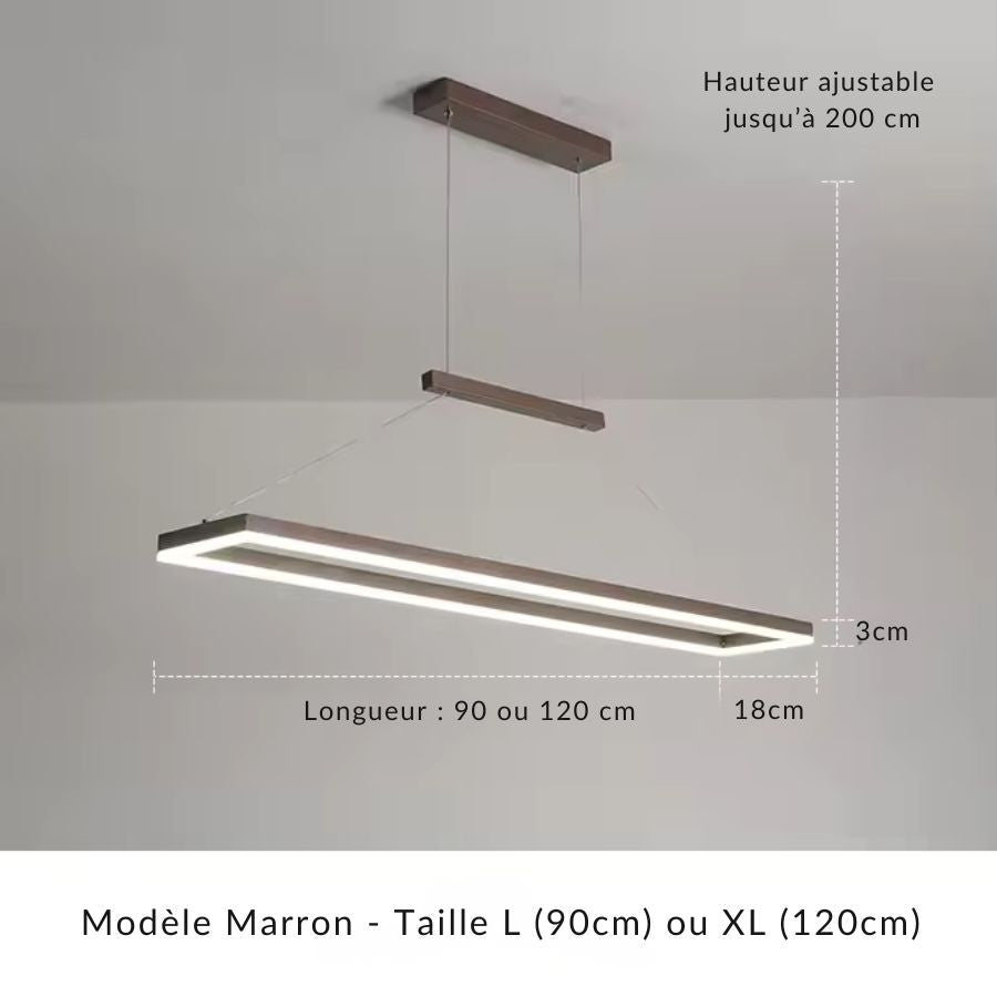 Suspension cadre rectangulaire LED marron en 90 ou 120 cm, avec câbles réglables pour ajuster la hauteur jusqu’à 200 cm