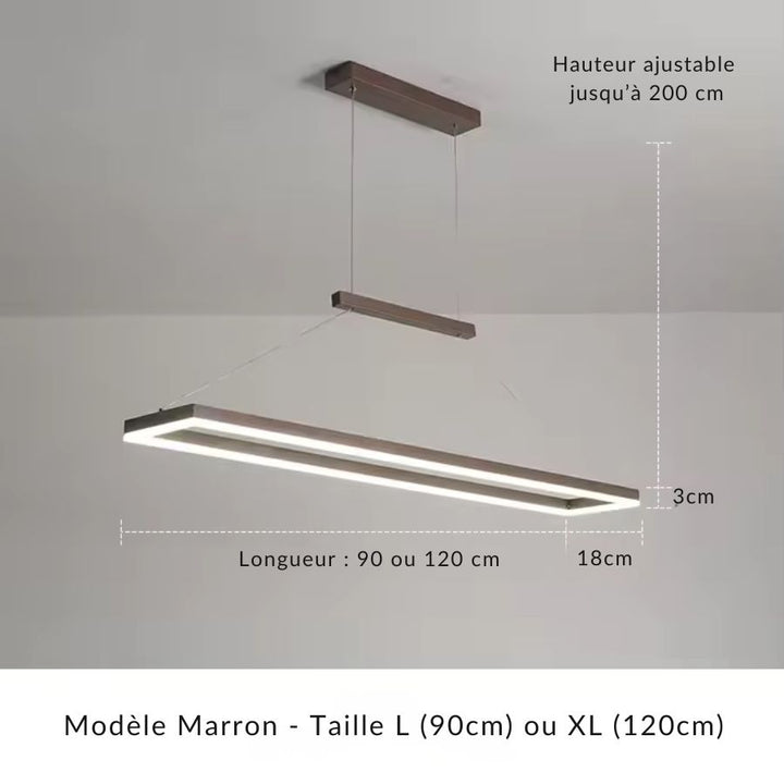 Suspension cadre rectangulaire LED marron en 90 ou 120 cm, avec câbles réglables pour ajuster la hauteur jusqu’à 200 cm