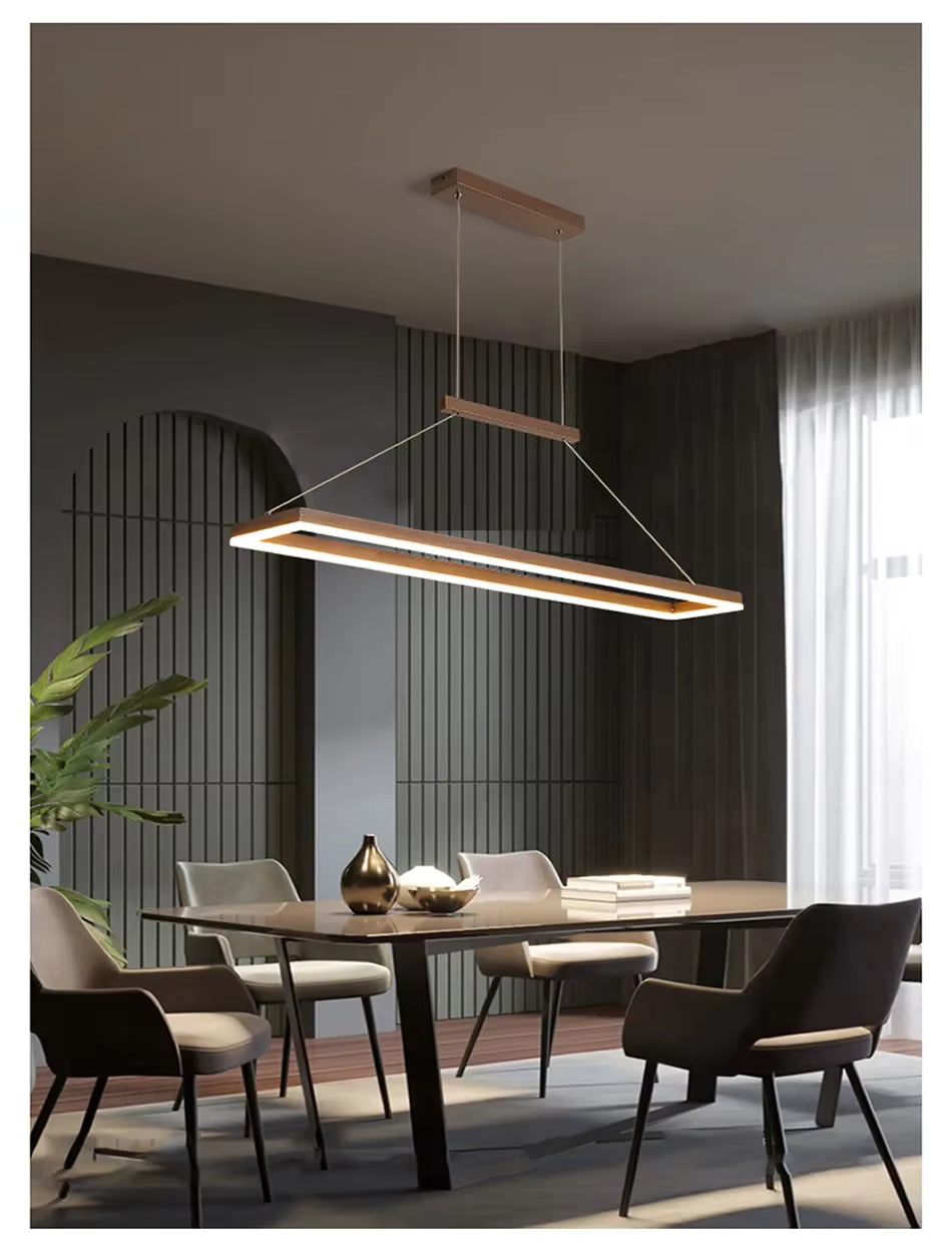 Suspension cadre rectangulaire LED de couleur marron au style contemporain chic illuminant une grande table de salle à manger