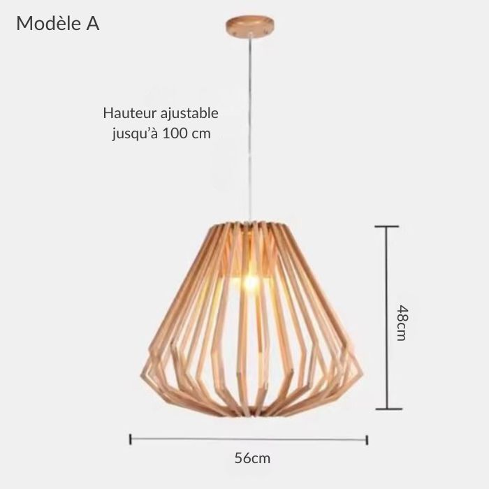 Suspension cage bois modèle A avec hauteur ajustable, idéale pour une déco moderne et épurée.
